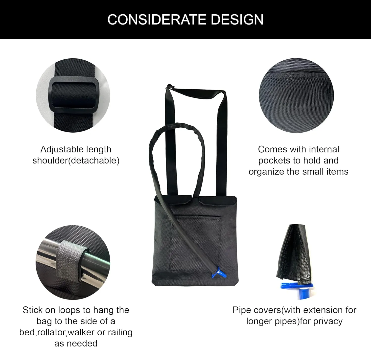 Urine Drainage Bag Holder with Update Catheter Pipe Cover and Adjustable Shoulder Straps, Catheter Bag Covers Front and Back with Catheter Bags - Crossbody or Hangs (Black)