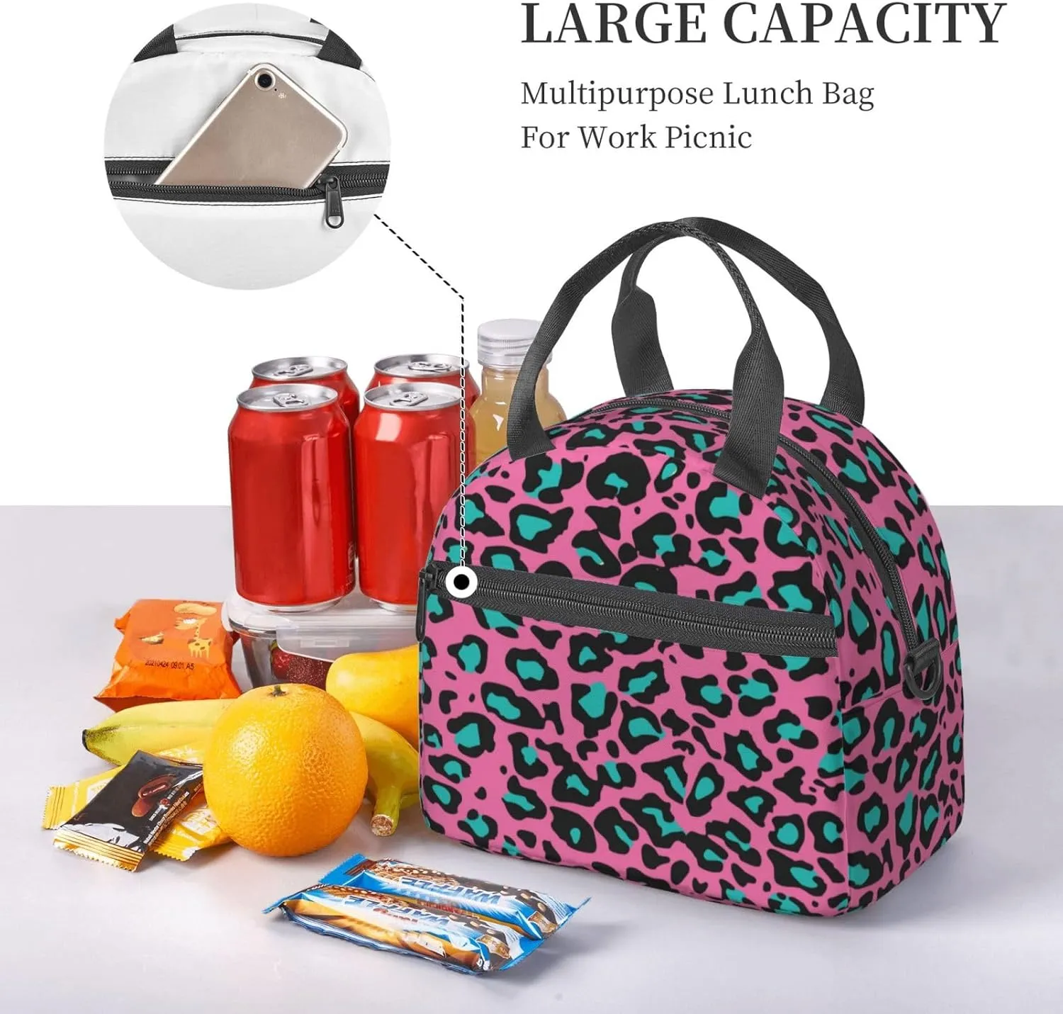 Us Bass,Insulated Reusable Lunch Bag Adult Large Lunch Box for Women and Men,Black and Us Bass Guitar,Adjustable Shoulder Strap,Front Zipper Pocket,Multicolor
