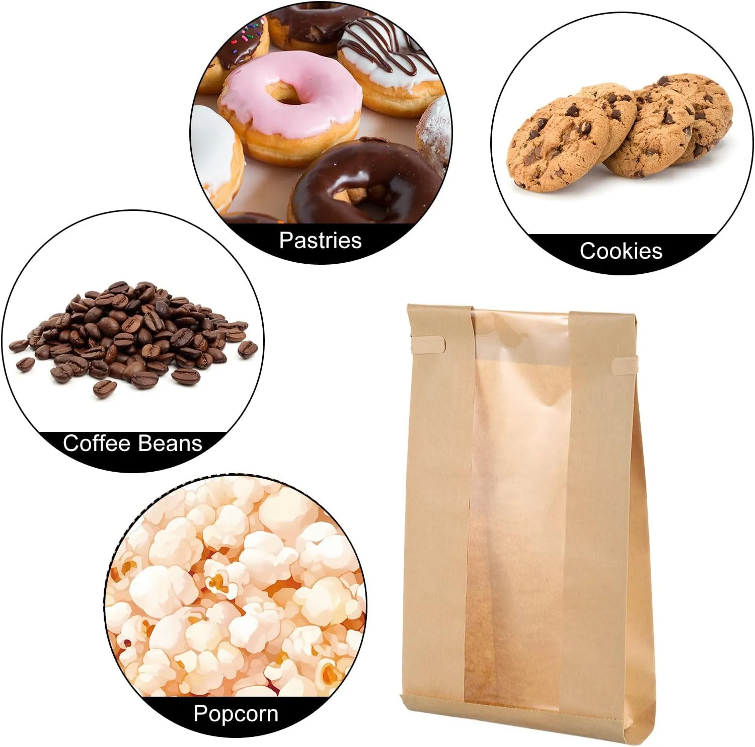 uxcell 100pcs Bakery Bags with Window, Tin Tie Tab Lock Bags, Kraft Paper Bags for Cookies, Candy, Chocolate (Brown 9.3x4.7inch)
