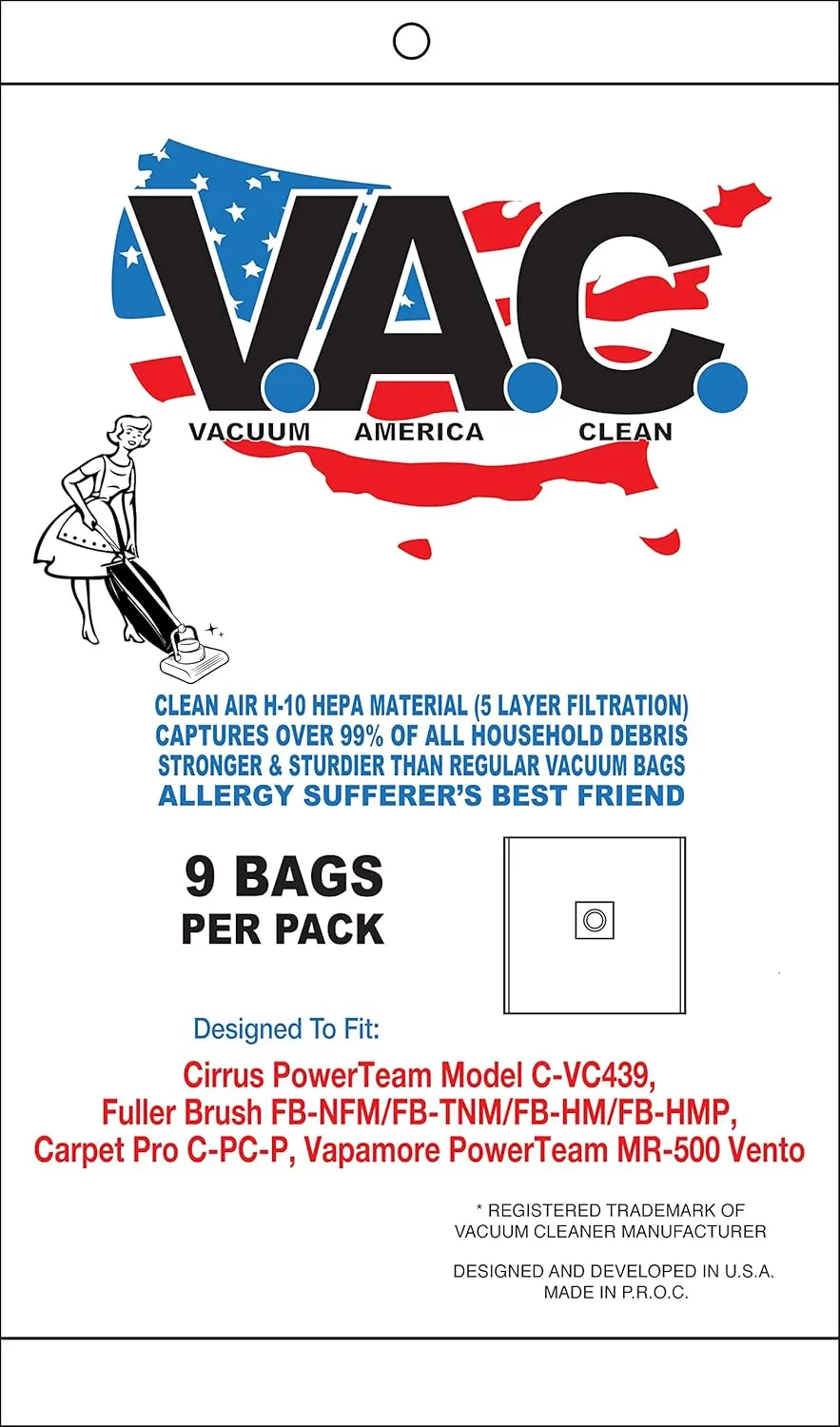 VAC 35 Cirrus Power Team Model C-VC439, Fuller Brush FB-NFM/FB-TNM/FB-HM/FB-HMP, Carpet Pro C-PC-P, Vapamore Power Team MR-500 Vento - H-10 HEPA Filtration (Pack of 9)