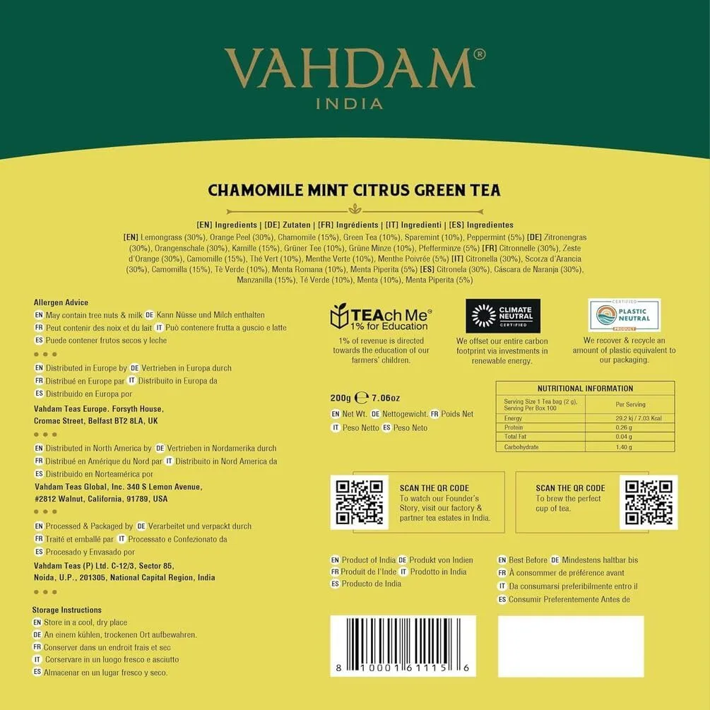 VAHDAM, Chamomile Herbal Tea (100 Pyramid Tea Bags) Resealable Ziplock Pouch | Caffeine Free, Non GMO, Gluten Free | 100% Pure Tisane - Sweet & Floral | Made With Natural Chamomile Flowers