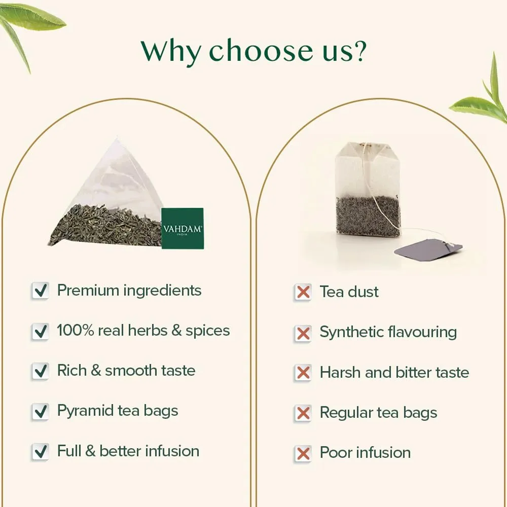 VAHDAM, Decaf Himalayan Green Tea Bags (100 Pyramid Tea Bags) Caffeine Free, Gluten Free | High Grown Decaf Green Tea | Resealable Ziplock Pouch | Pyramid Tea Bags