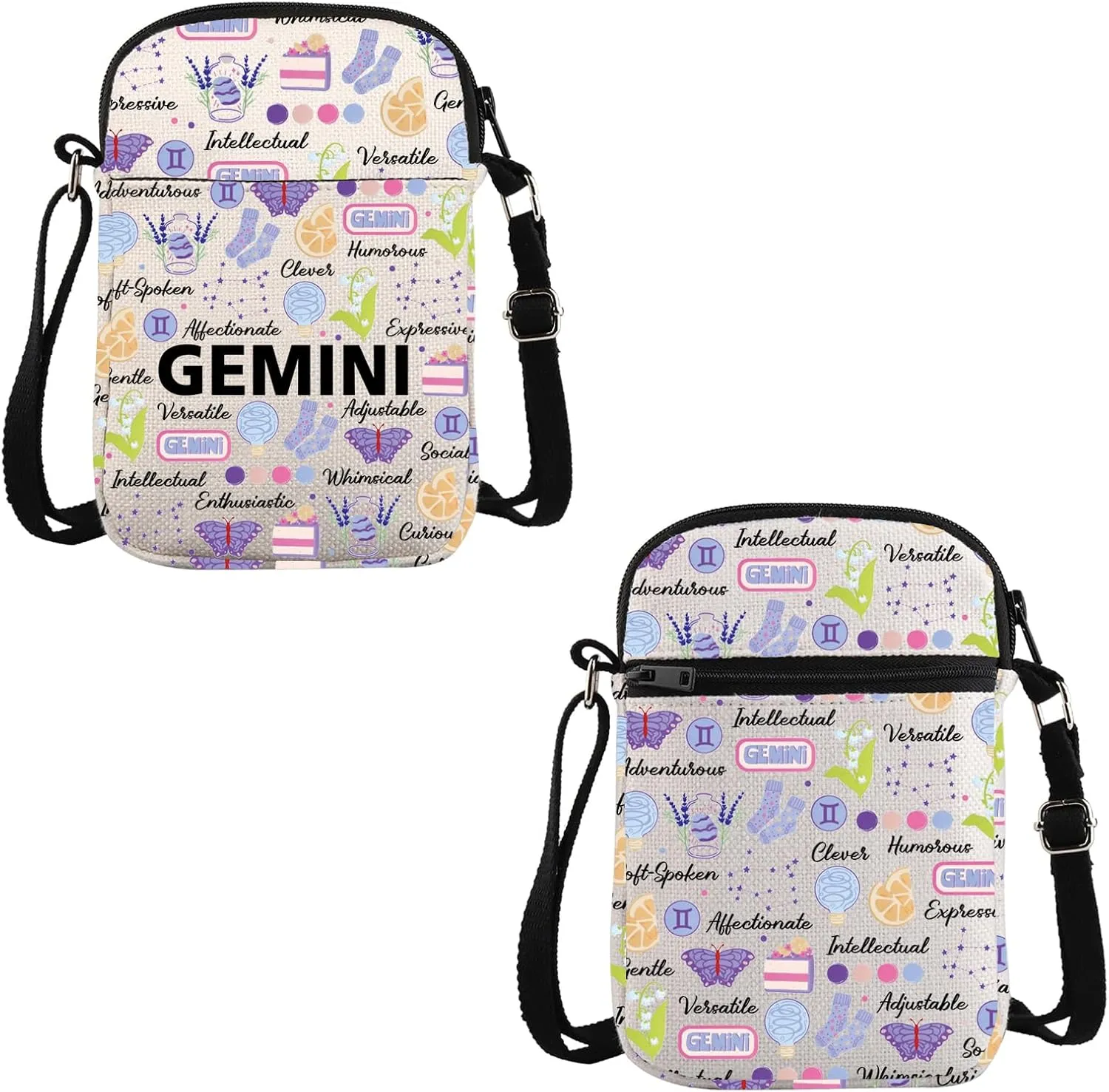 VAMSII Gemini Zodiac Inspired Gift Gemini Words Crossbody Bag Astrology Lover Travel Bag Zodiac Gemini Merch