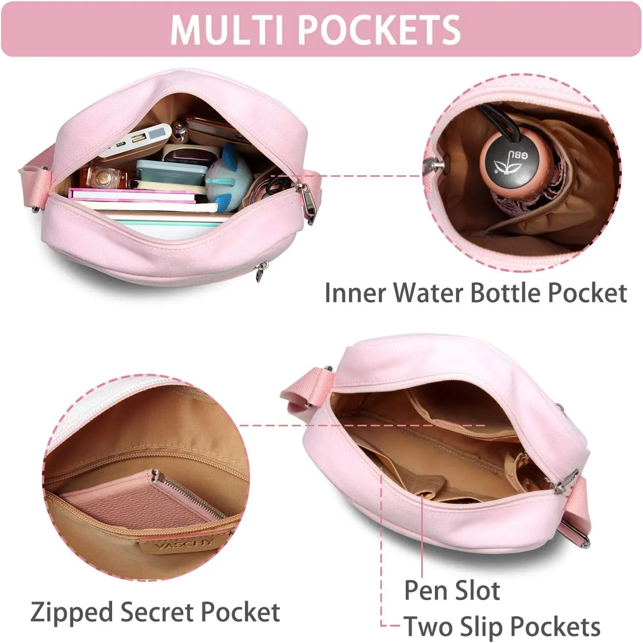 VASCHY Messenger Bag for Girls, Lightweight Canvas Crossbody Bag Purse for Teen Girls Women Fits Water Bottle