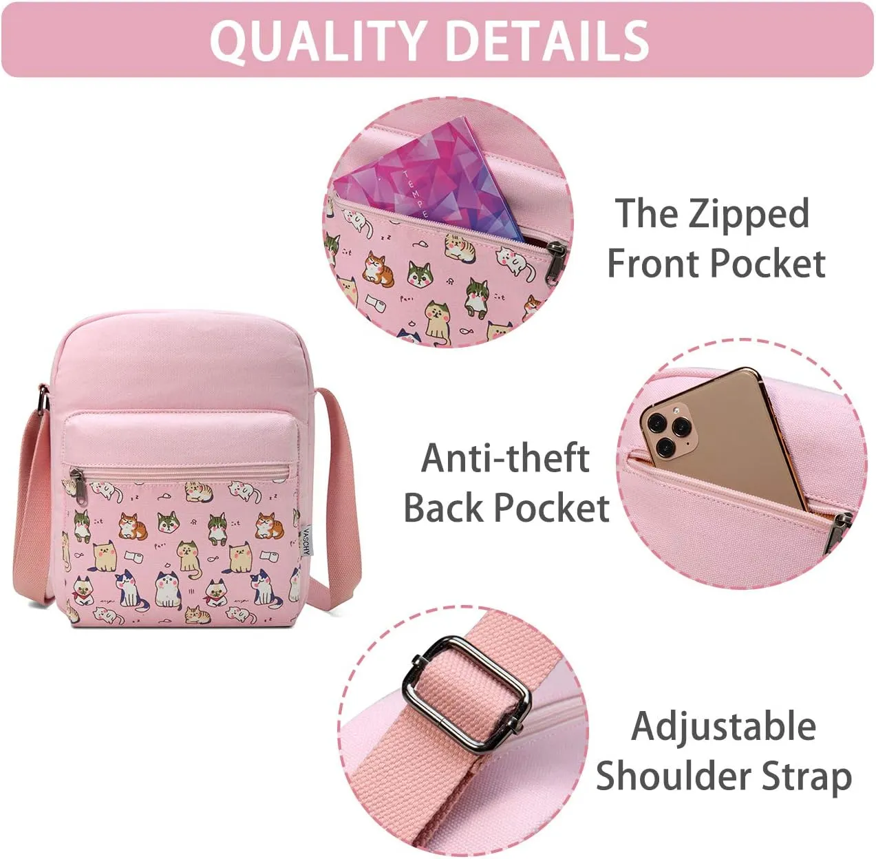 VASCHY Messenger Bag for Girls, Lightweight Canvas Crossbody Bag Purse for Teen Girls Women Fits Water Bottle
