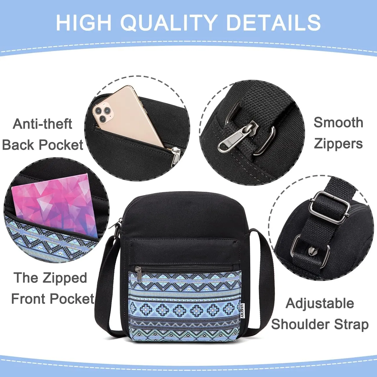 VASCHY Messenger Bag for Girls, Lightweight Canvas Crossbody Bag Purse for Teen Girls Women Fits Water Bottle
