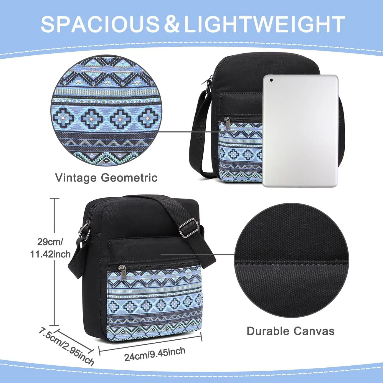 VASCHY Messenger Bag for Girls, Lightweight Canvas Crossbody Bag Purse for Teen Girls Women Fits Water Bottle