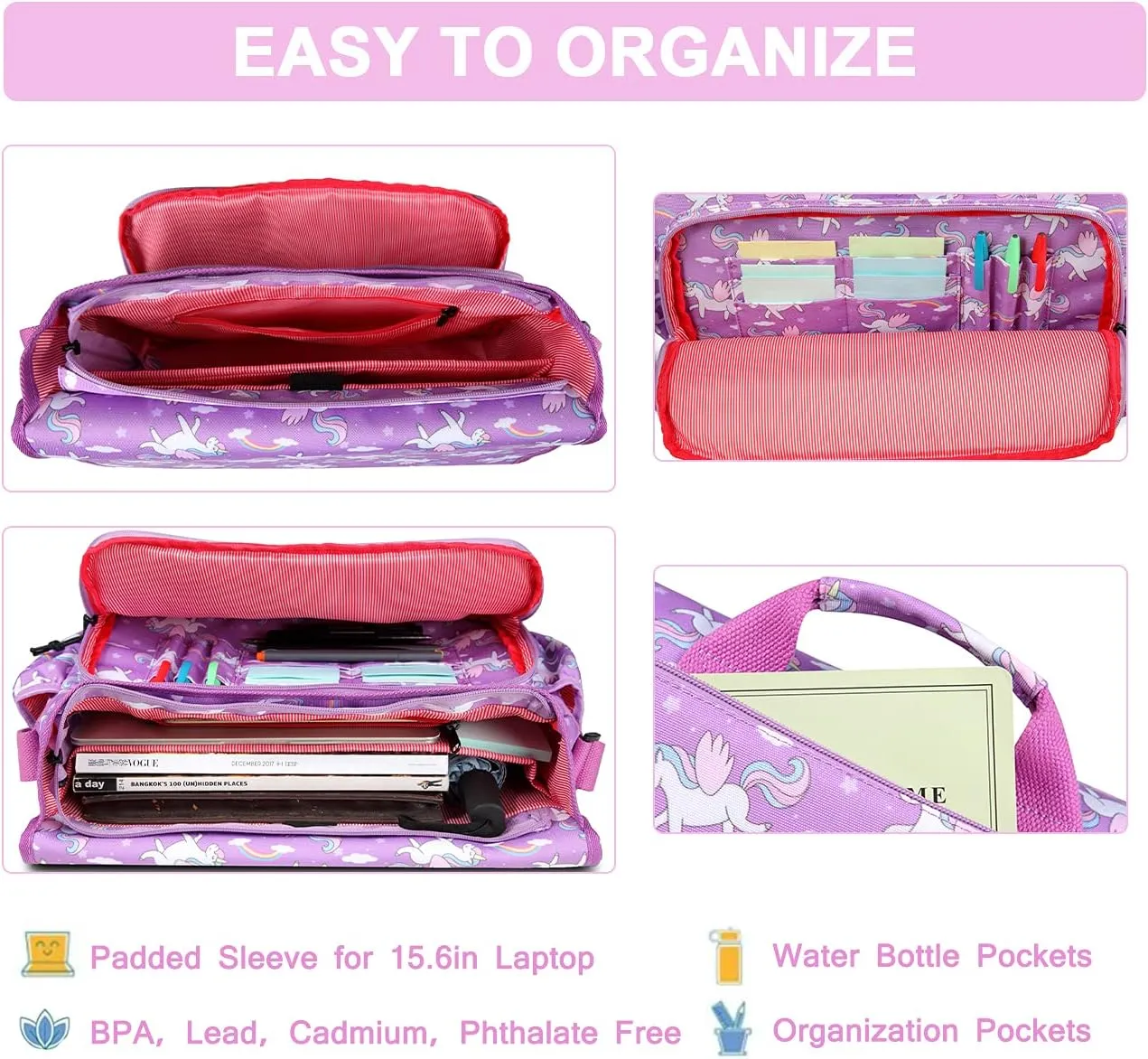 VASCHY Messenger Bag for Kids, Cute 15.6inch Laptop Crossbody School Bag for Boys Girls Teens Women
