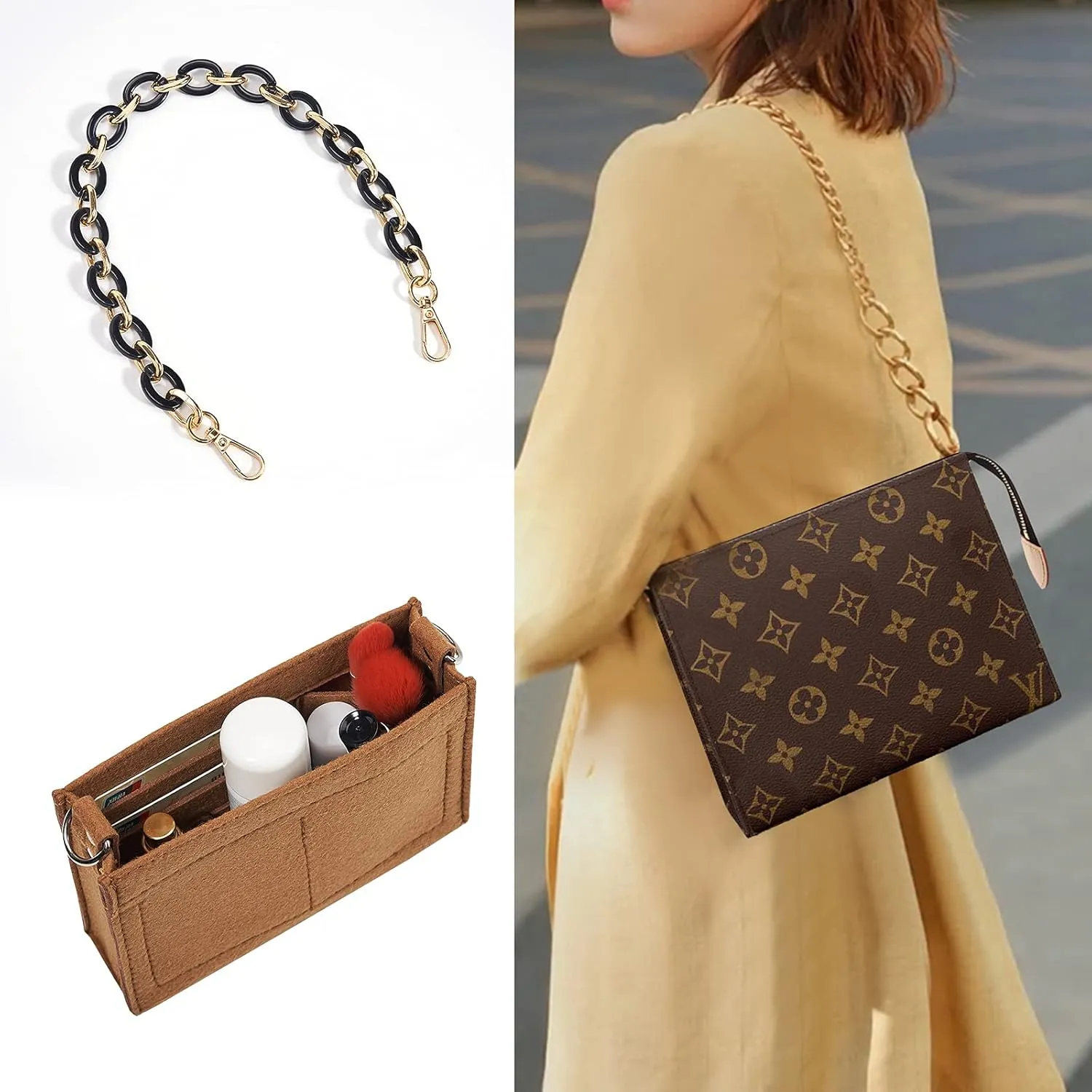 Vercord Felt Purse Insert Organizer LV 26 19 Toiletry Pouch Insert with D Ring Attach Chain Strap
