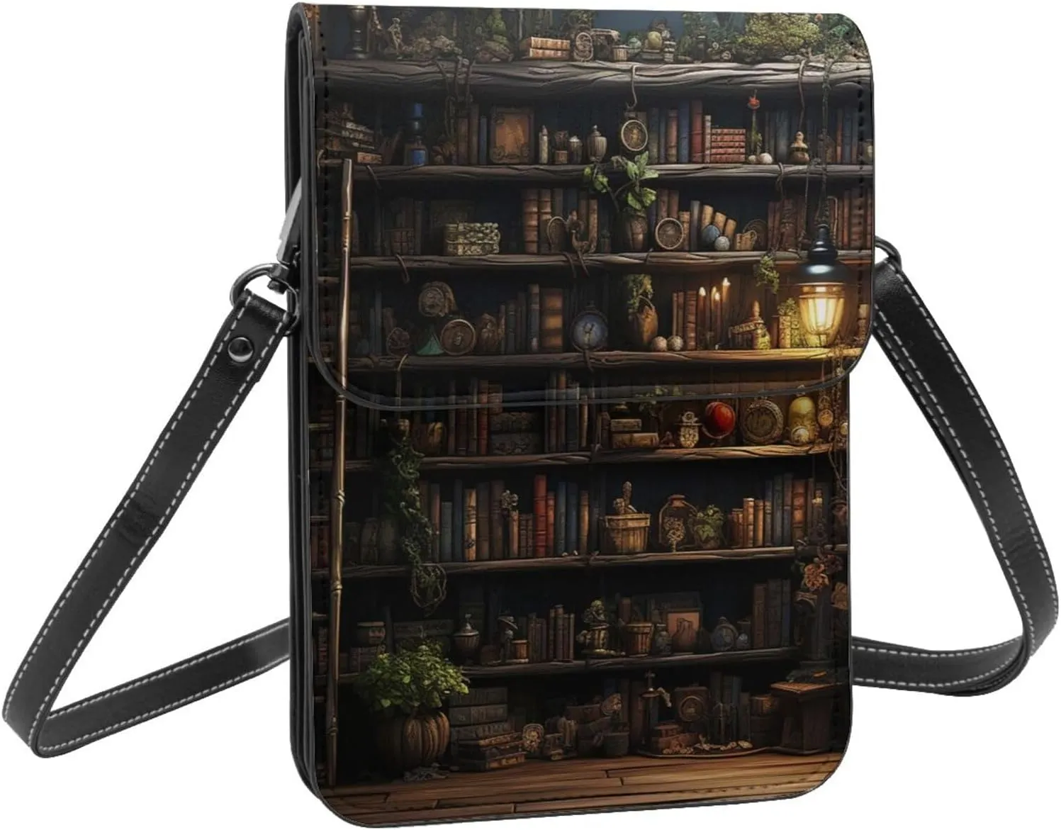 Vintage ancient books bookshelf old dark crossbody cell phone purse for womens lightweight small soft leather fashion travel wallet with adjustable strap