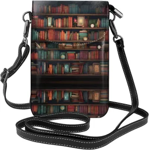 Vintage Bookshelf Pattern Small Crossbody Bags for Women Travel Cell Phone Pouch PU Leather Cross Body Bag Adjustable Shoulder Strap Phone Purses Lightweight Wallet Purse with Credit Card Slots