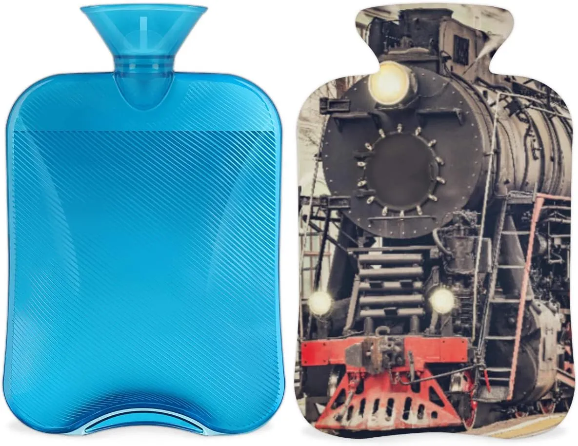 Vintage Express Locomotive Train Hot Water Bottle with Cover, 2L Hot Water Bag for Hot Compress Hot Bottle Water Bag for Hand Feet Warmer,Neck,Shoulder Pain Relief,Menstrual Cramps
