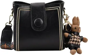 Vintage Fashion Bag with Adjustable Wider Shoulder Strap, Women's Retro Fashion Bucket Bag with Cute Rabbit Pendant