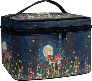 Vintage Mushroom Moon Starry Night Print Makeup Bag for Women Ladies Portable Cosmetic Bag with Zipper and Carry Handle Make Up Tote Bags Toiletry Case Organizer