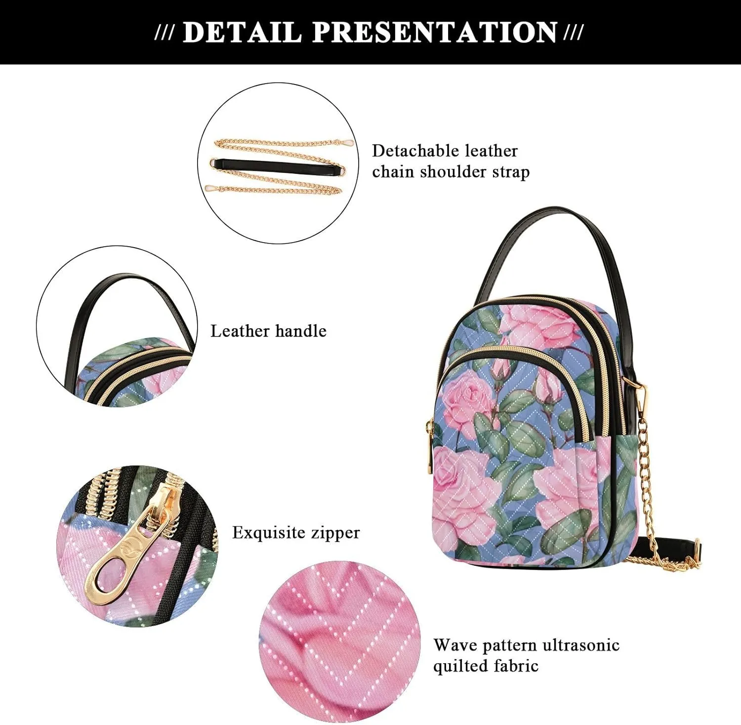 Vintage Roses on a White Womens Crossbody Bags, Handbag with Shoulder Strap, Fall Crossbody Purse