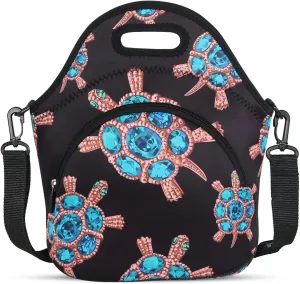 Violet Mist Neoprene Lunch Bag, Gem Turtle, Reusable Insulated Food Carrier, Adjustable Shoulder Strap, 12.6"L x 11.8"H x 6.8"W