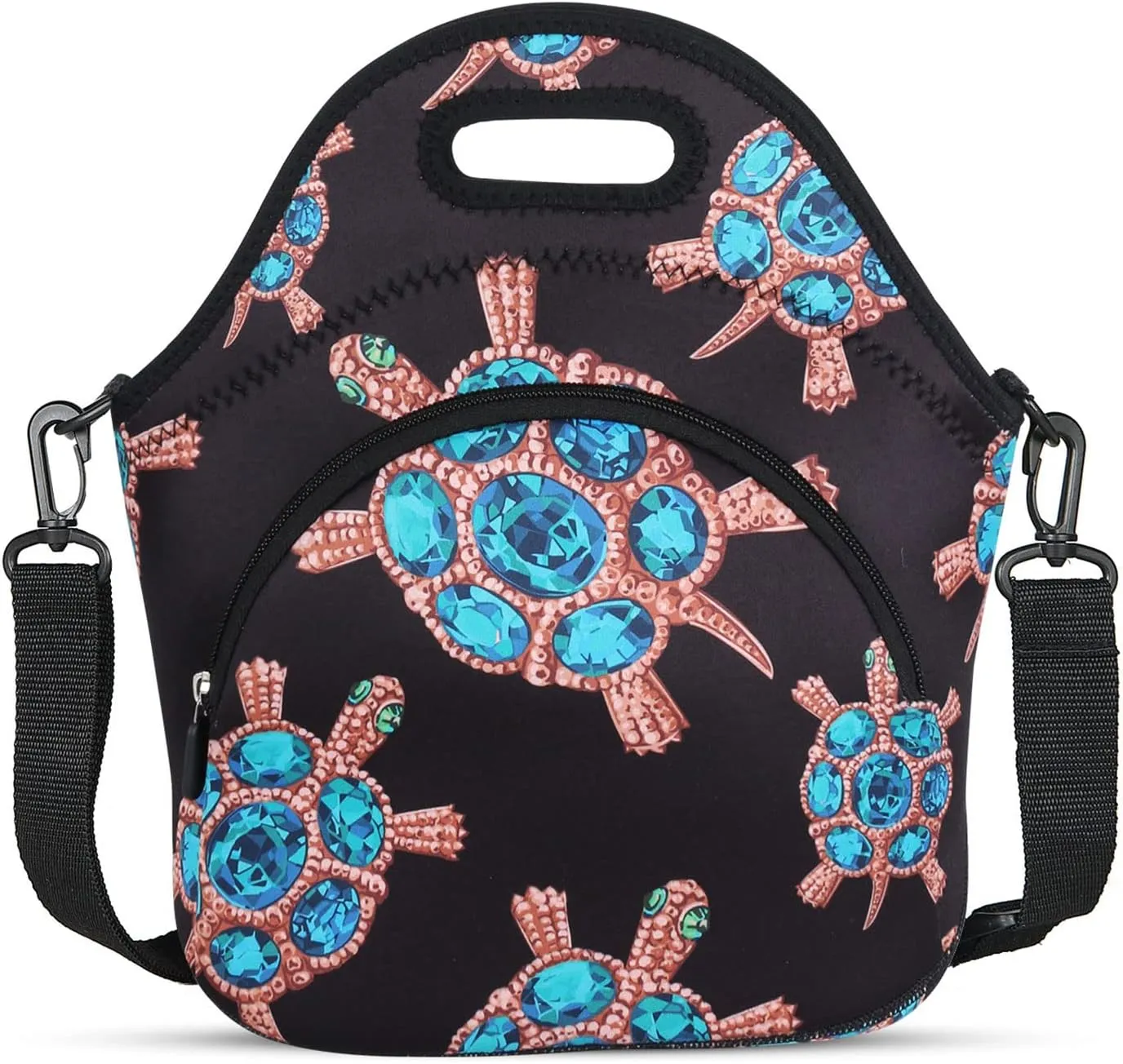 Violet Mist Neoprene Lunch Bag, Gem Turtle, Reusable Insulated Food Carrier, Adjustable Shoulder Strap, 12.6"L x 11.8"H x 6.8"W