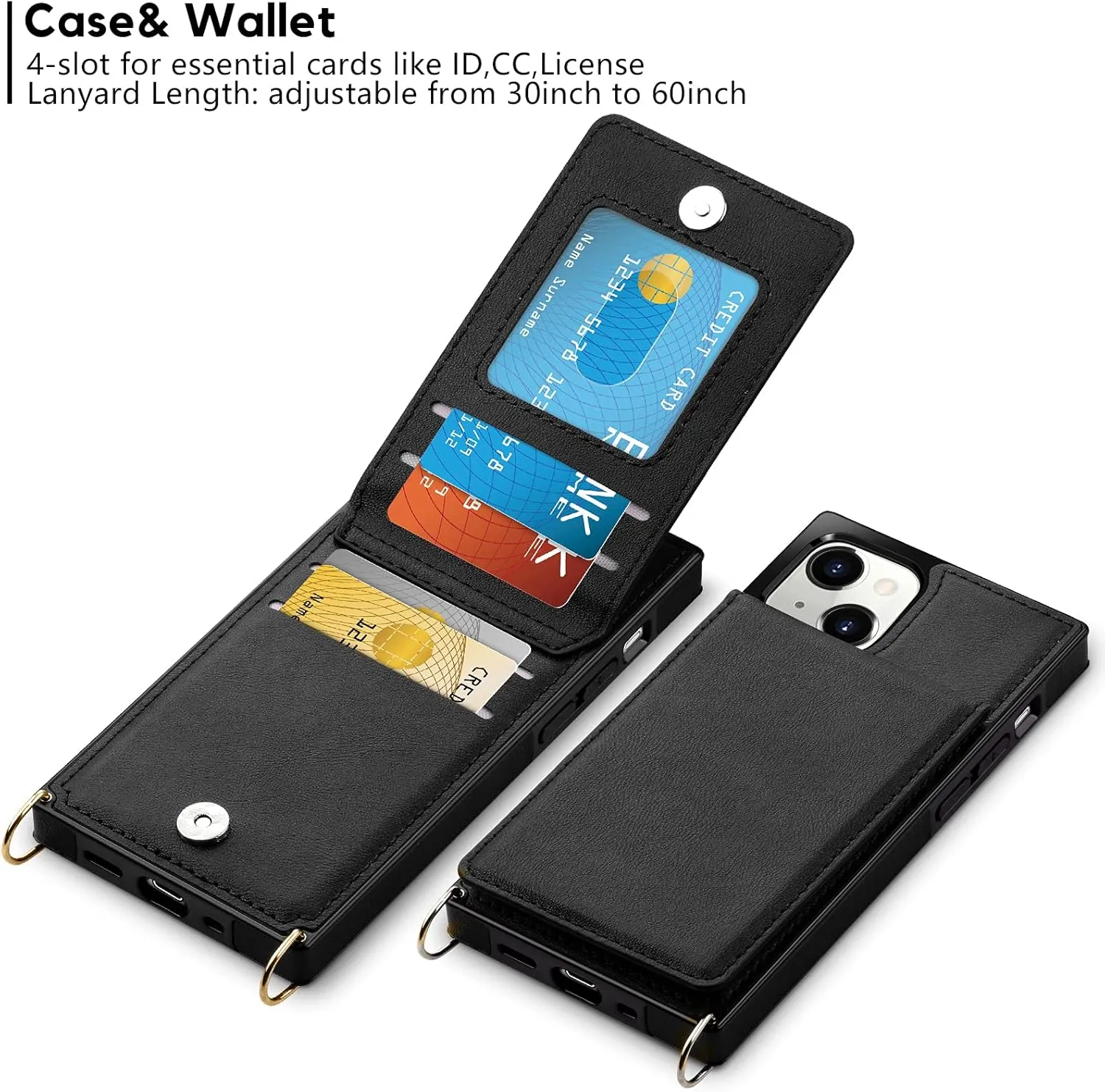 Vofolen Compatible with Phone 13 Wallet Case with Credit Card Holder Lanyard Crossbody Strap Leather Magnetic Clasp Kickstand Heavy Duty Protective Flip Cover for Phone 13 6.1 Black