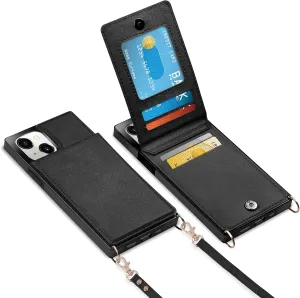 Vofolen Compatible with Phone 13 Wallet Case with Credit Card Holder Lanyard Crossbody Strap Leather Magnetic Clasp Kickstand Heavy Duty Protective Flip Cover for Phone 13 6.1 Black