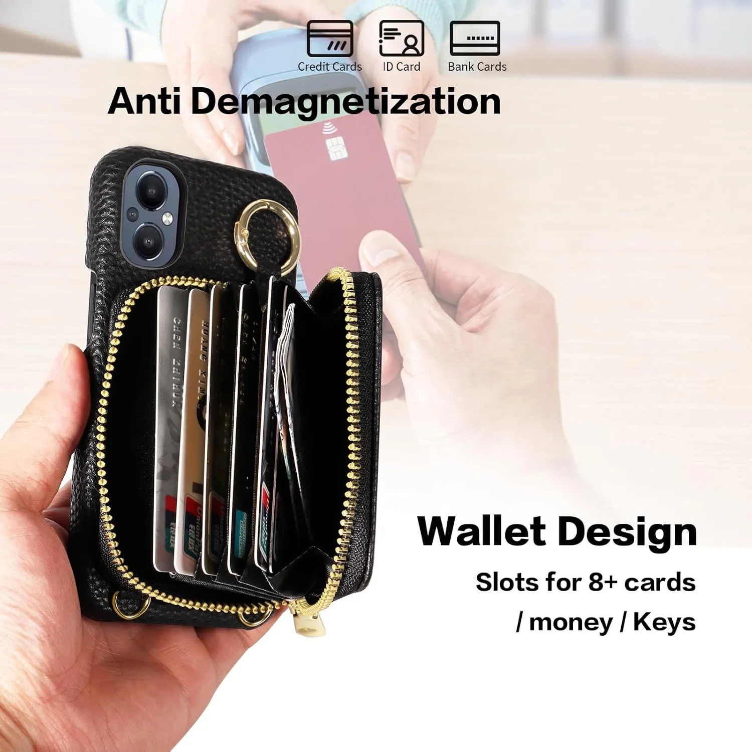 Wallet Case for OnePlus Nord N20 5G with Shoulder Strap Ring Buckle, Zipper Flip Organ Purse, Credit Card Holder StandPhone Cover for One Plus N 20 G5 1 Plus 20N 1plus One  1  N205G Women Black