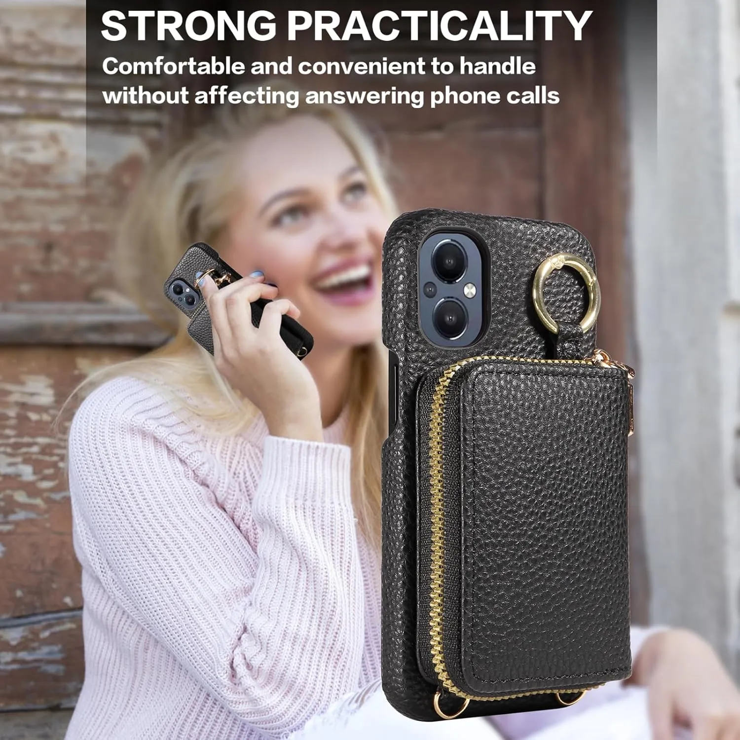 Wallet Case for OnePlus Nord N20 5G with Shoulder Strap Ring Buckle, Zipper Flip Organ Purse, Credit Card Holder StandPhone Cover for One Plus N 20 G5 1 Plus 20N 1plus One  1  N205G Women Black