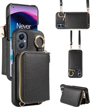 Wallet Case for OnePlus Nord N20 5G with Shoulder Strap Ring Buckle, Zipper Flip Organ Purse, Credit Card Holder StandPhone Cover for One Plus N 20 G5 1 Plus 20N 1plus One  1  N205G Women Black