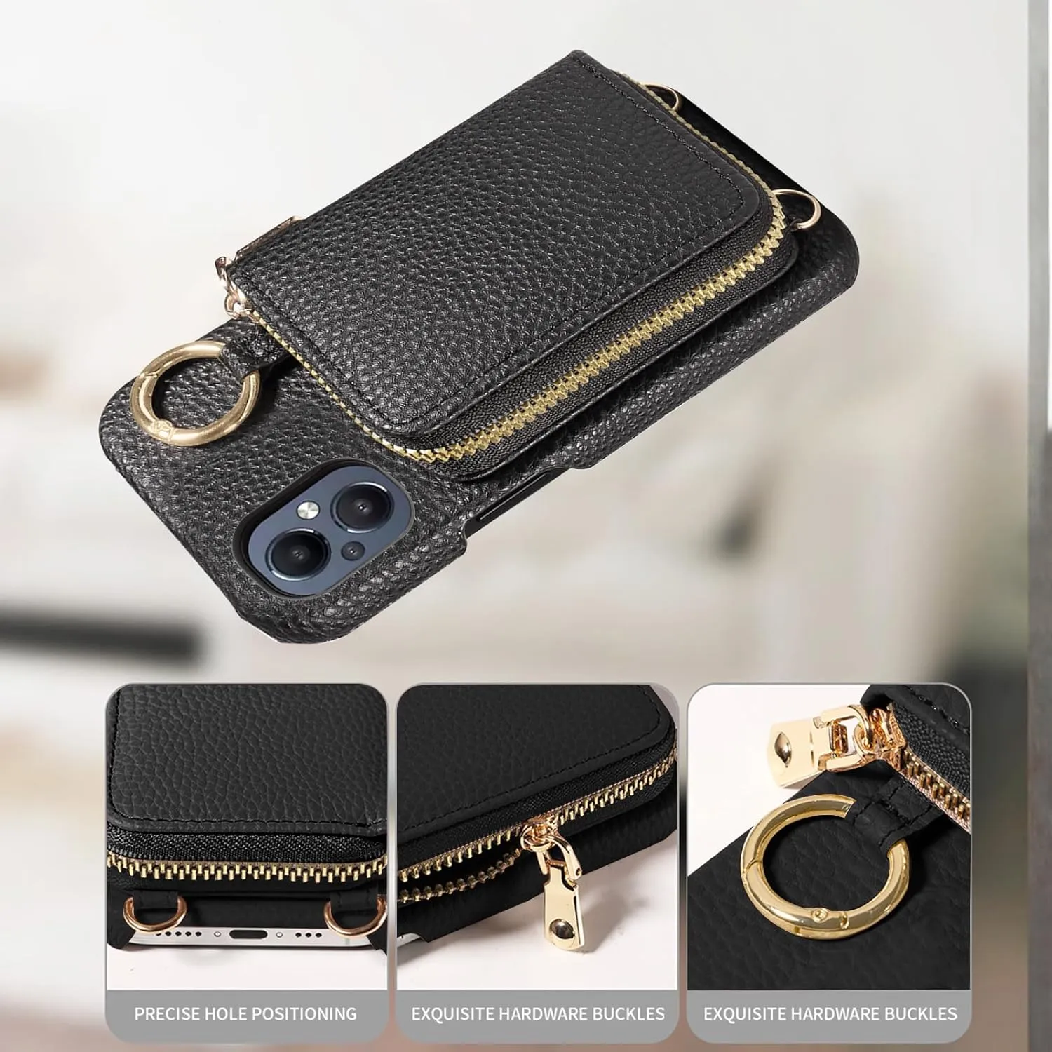 Wallet Case for OnePlus Nord N20 5G with Shoulder Strap Ring Buckle, Zipper Flip Organ Purse, Credit Card Holder StandPhone Cover for One Plus N 20 G5 1 Plus 20N 1plus One  1  N205G Women Black