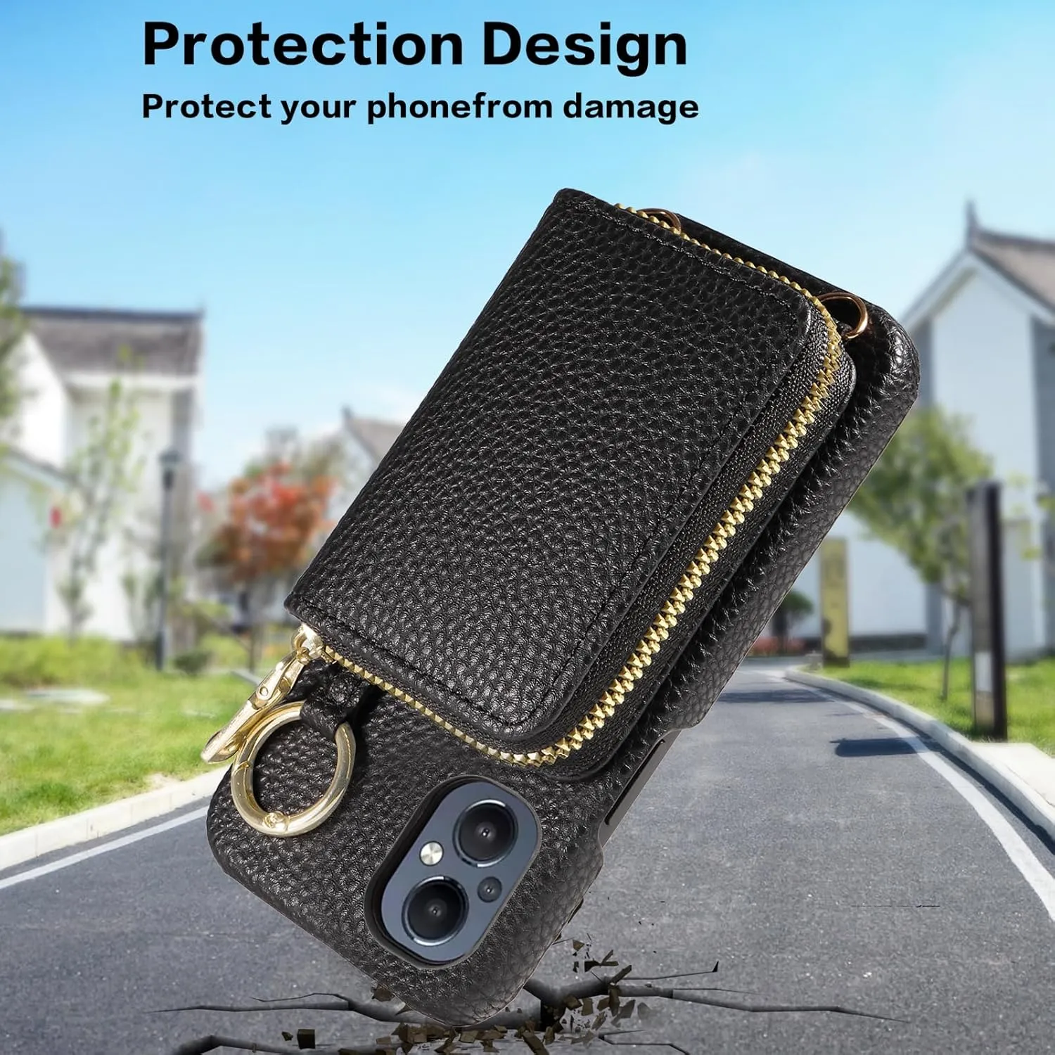 Wallet Case for OnePlus Nord N20 5G with Shoulder Strap Ring Buckle, Zipper Flip Organ Purse, Credit Card Holder StandPhone Cover for One Plus N 20 G5 1 Plus 20N 1plus One  1  N205G Women Black