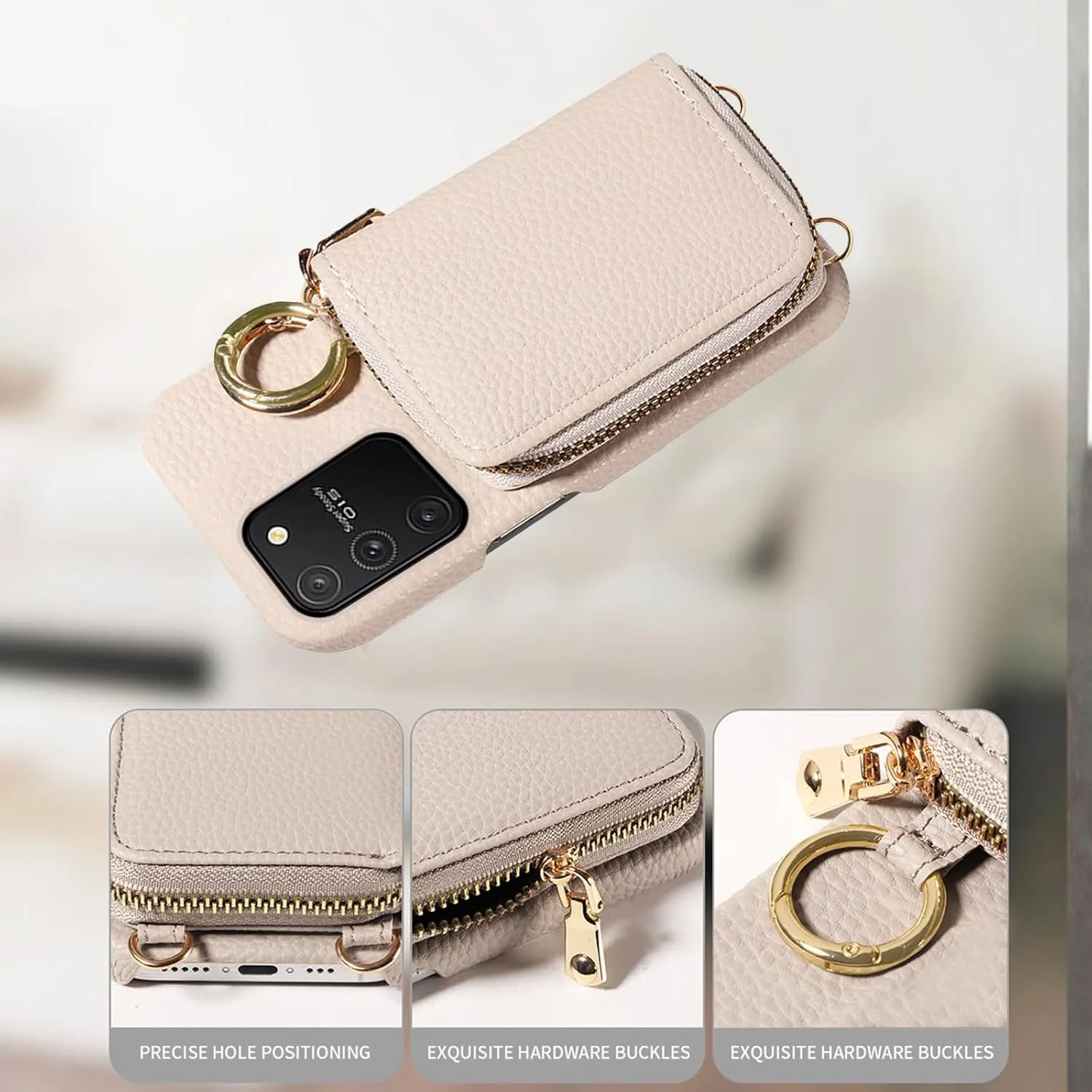 Wallet Case for Samsung Galaxy S10 Lite with Shoulder Strap Ring Buckle, Luxury PU Leather Zipper Organ Purse, Credit Card Holder Stand Cell Phone Cover for S10lite S 10 10s A91 Women Men White