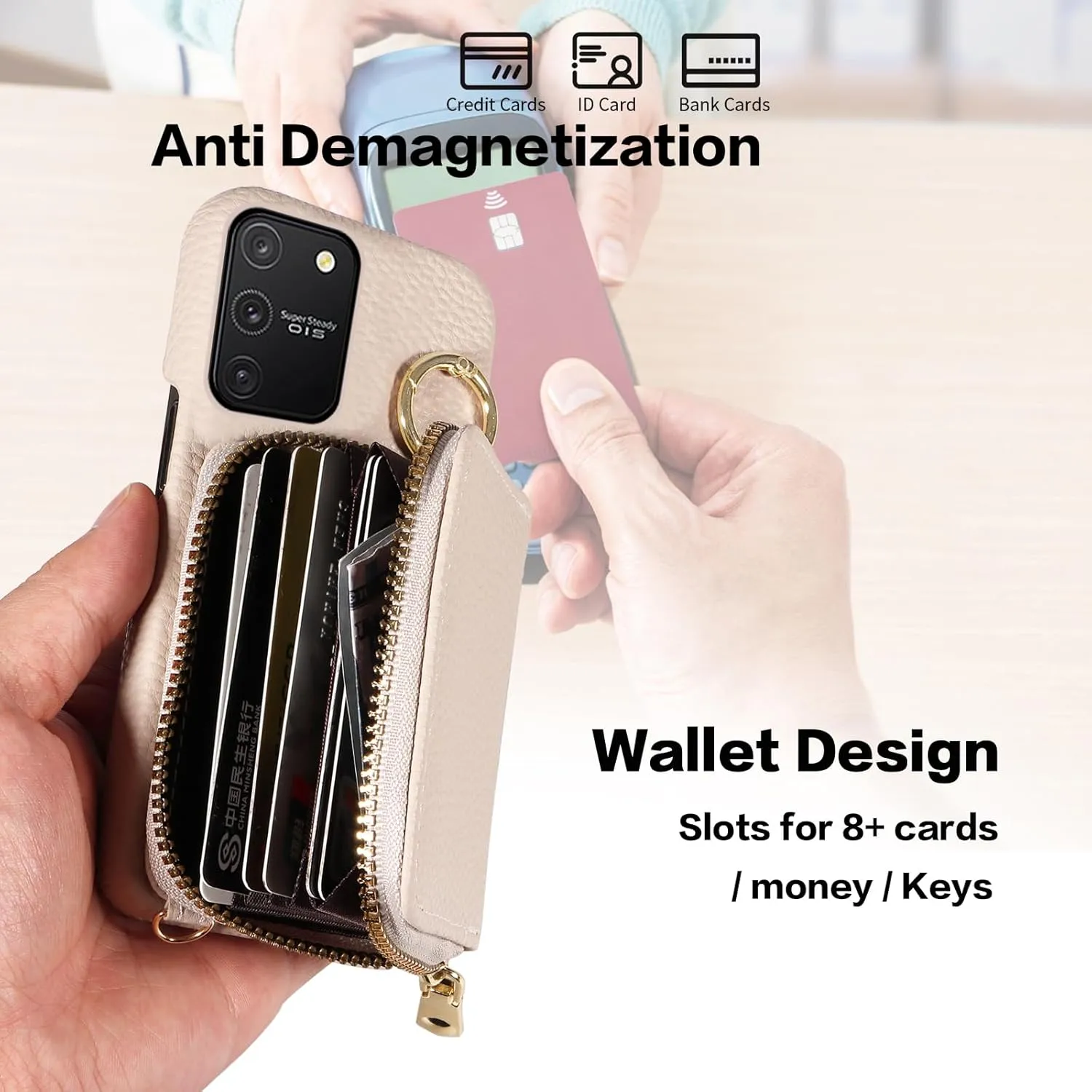 Wallet Case for Samsung Galaxy S10 Lite with Shoulder Strap Ring Buckle, Luxury PU Leather Zipper Organ Purse, Credit Card Holder Stand Cell Phone Cover for S10lite S 10 10s A91 Women Men White