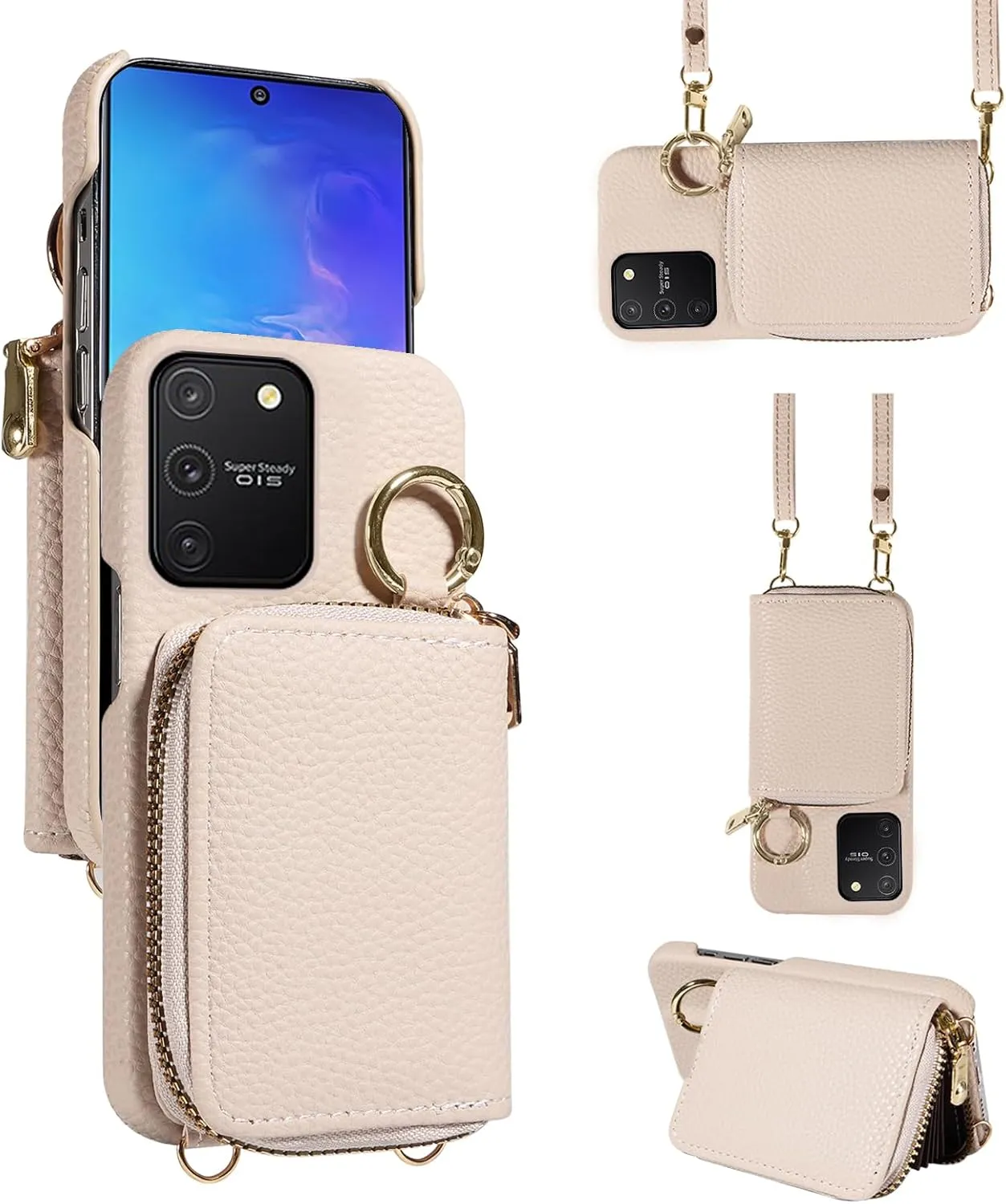 Wallet Case for Samsung Galaxy S10 Lite with Shoulder Strap Ring Buckle, Luxury PU Leather Zipper Organ Purse, Credit Card Holder Stand Cell Phone Cover for S10lite S 10 10s A91 Women Men White