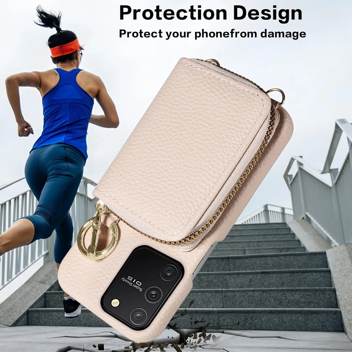Wallet Case for Samsung Galaxy S10 Lite with Shoulder Strap Ring Buckle, Luxury PU Leather Zipper Organ Purse, Credit Card Holder Stand Cell Phone Cover for S10lite S 10 10s A91 Women Men White