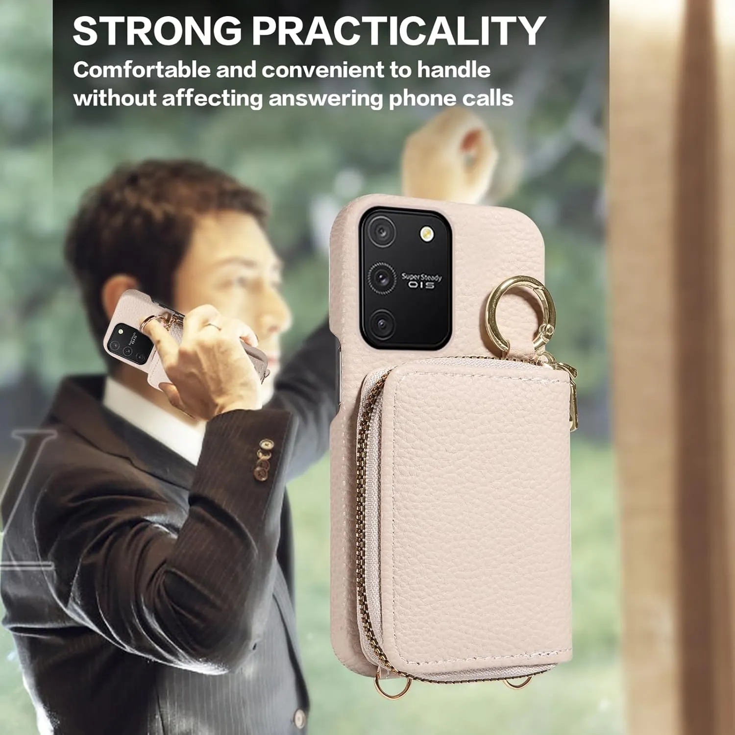 Wallet Case for Samsung Galaxy S10 Lite with Shoulder Strap Ring Buckle, Luxury PU Leather Zipper Organ Purse, Credit Card Holder Stand Cell Phone Cover for S10lite S 10 10s A91 Women Men White