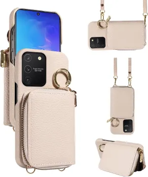 Wallet Case for Samsung Galaxy S10 Lite with Shoulder Strap Ring Buckle, Luxury PU Leather Zipper Organ Purse, Credit Card Holder Stand Cell Phone Cover for S10lite S 10 10s A91 Women Men White