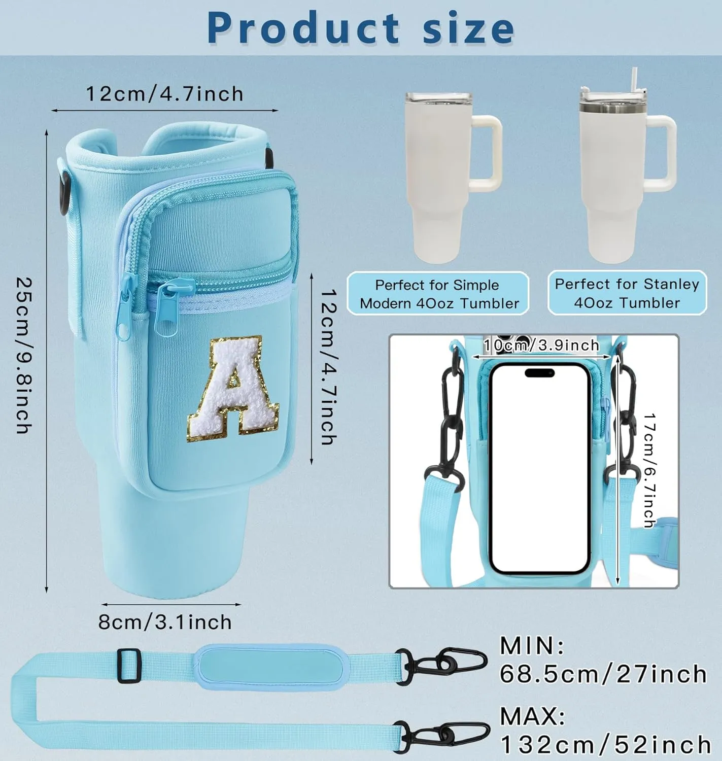 Water Bottle Bag with Shoulder Strap for Stanley 40 oz Tumbler with Handle,Initial Letter Neoprene Water Bottle Holder Sling Bag Cup Sleeve for Walking Hiking Outdoor Activities (Blue R)