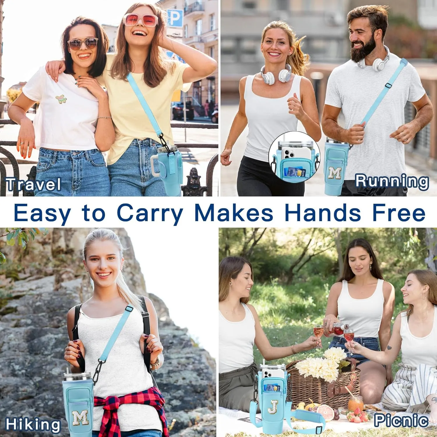 Water Bottle Bag with Shoulder Strap for Stanley 40 oz Tumbler with Handle,Initial Letter Neoprene Water Bottle Holder Sling Bag Cup Sleeve for Walking Hiking Outdoor Activities (Blue R)