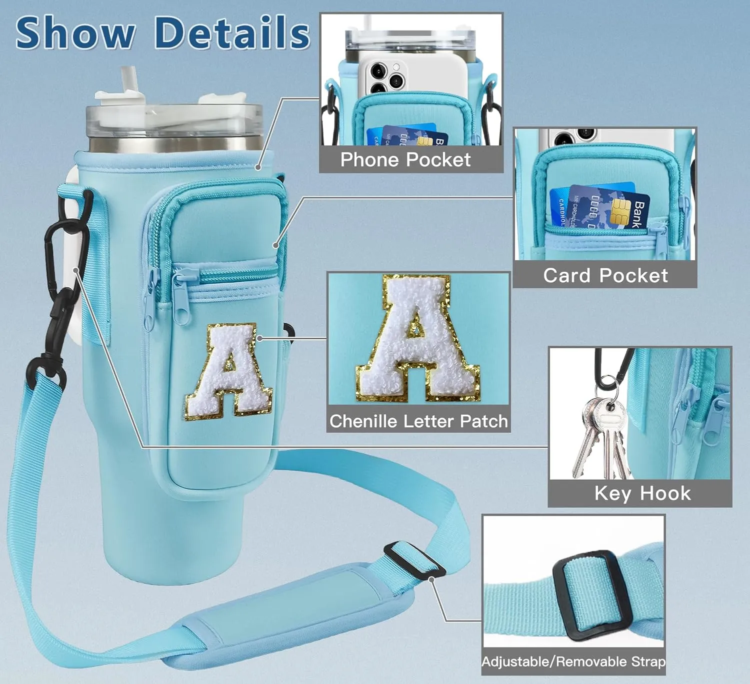 Water Bottle Bag with Shoulder Strap for Stanley 40 oz Tumbler with Handle,Initial Letter Neoprene Water Bottle Holder Sling Bag Cup Sleeve for Walking Hiking Outdoor Activities (Blue R)