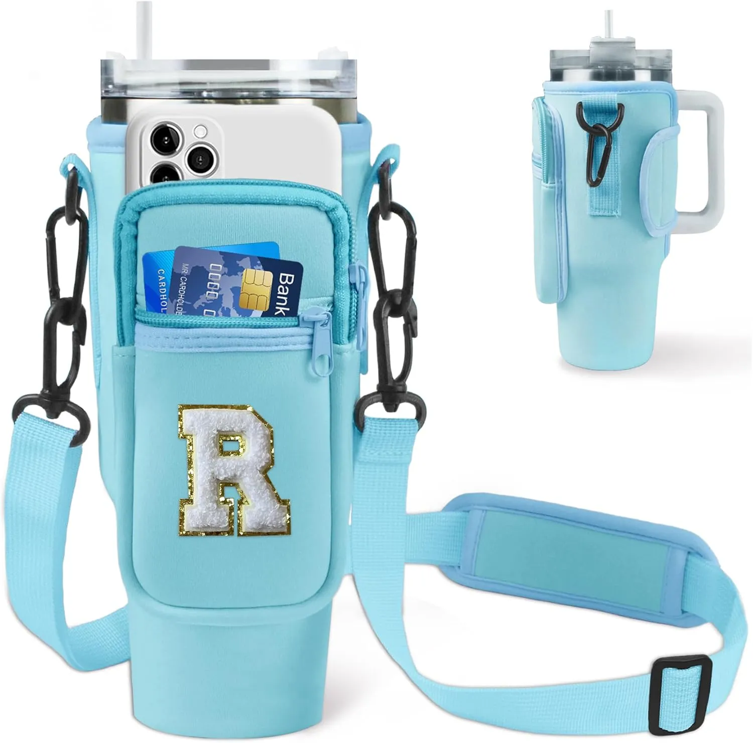 Water Bottle Bag with Shoulder Strap for Stanley 40 oz Tumbler with Handle,Initial Letter Neoprene Water Bottle Holder Sling Bag Cup Sleeve for Walking Hiking Outdoor Activities (Blue R)