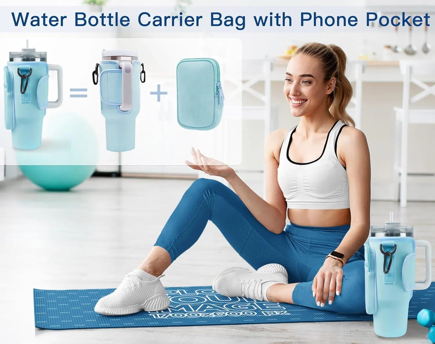 Water Bottle Bag with Shoulder Strap for Stanley 40 oz Tumbler with Handle,Initial Letter Neoprene Water Bottle Holder Sling Bag Cup Sleeve for Walking Hiking Outdoor Activities (Blue R)