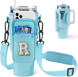 Water Bottle Bag with Shoulder Strap for Stanley 40 oz Tumbler with Handle,Initial Letter Neoprene Water Bottle Holder Sling Bag Cup Sleeve for Walking Hiking Outdoor Activities (Blue R)