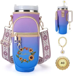 Water Bottle Carrier Bag, Crossbody Bag with Phone Pocket for Stanley 40oz,Tumbler Holder Pouch with Adjustable Shoulder Strap Cup Accessories for Hiking Camping Fishing Travelling