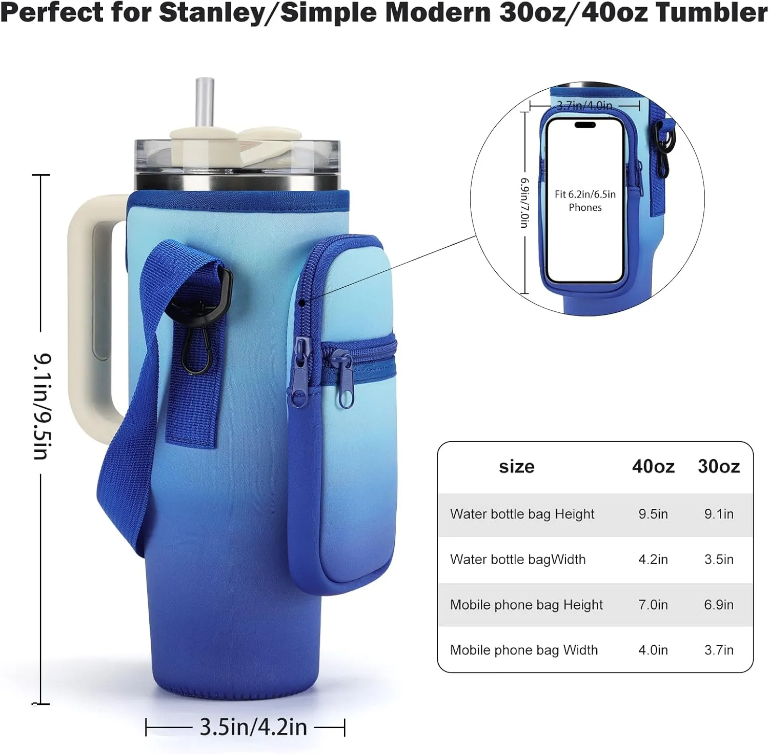 Water Bottle Carrier Bag for Stanley 40/30 oz Tumbler with Phone Pocket Neoprene Water Bottle Holder with Shoulder & Handheld Strap Stanley Cup Accessories