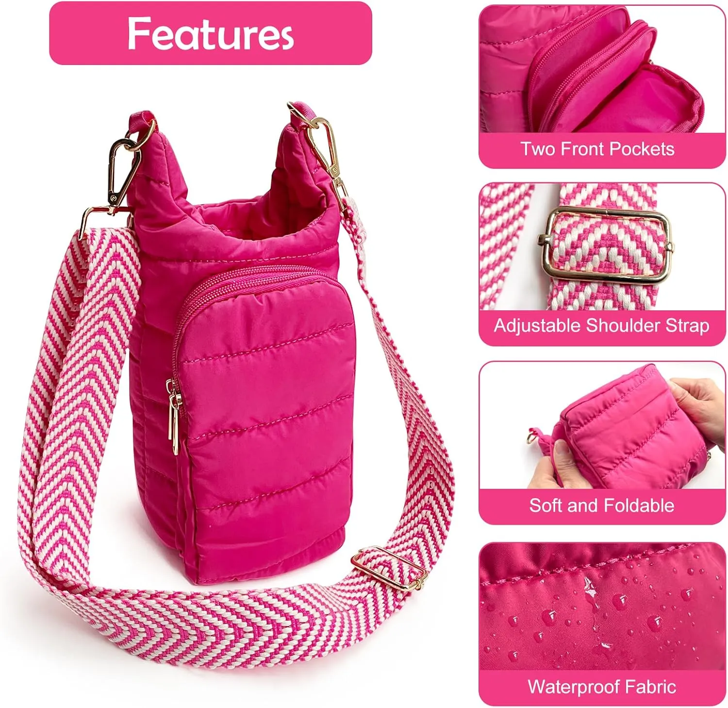 Water Bottle Carrier Bag - Quilted Crossbody Water Bottle Holder with Strap, Stylish Puffer Tote Bag for Water Bottle
