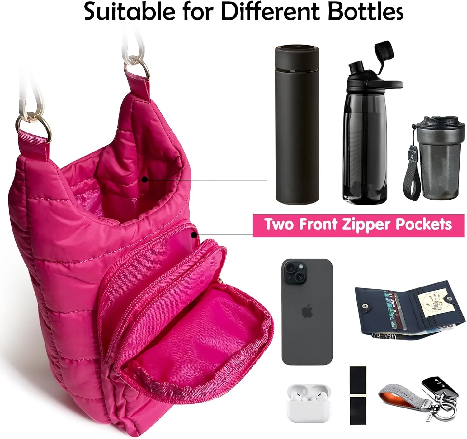 Water Bottle Carrier Bag - Quilted Crossbody Water Bottle Holder with Strap, Stylish Puffer Tote Bag for Water Bottle