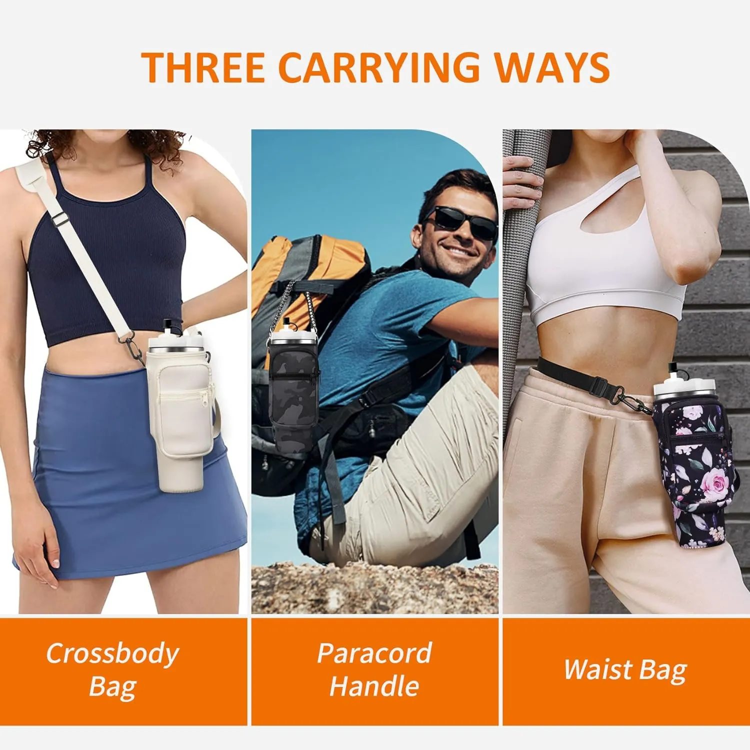 Water Bottle Carrier Bag with Paracord Handle for Stanley 40/30 oz Tumbler Neoprene Insulated Mug Sleeve Pouch with 2 Pockets & Adjustable Strap & Straw Cover for Stanley Cup Accessories