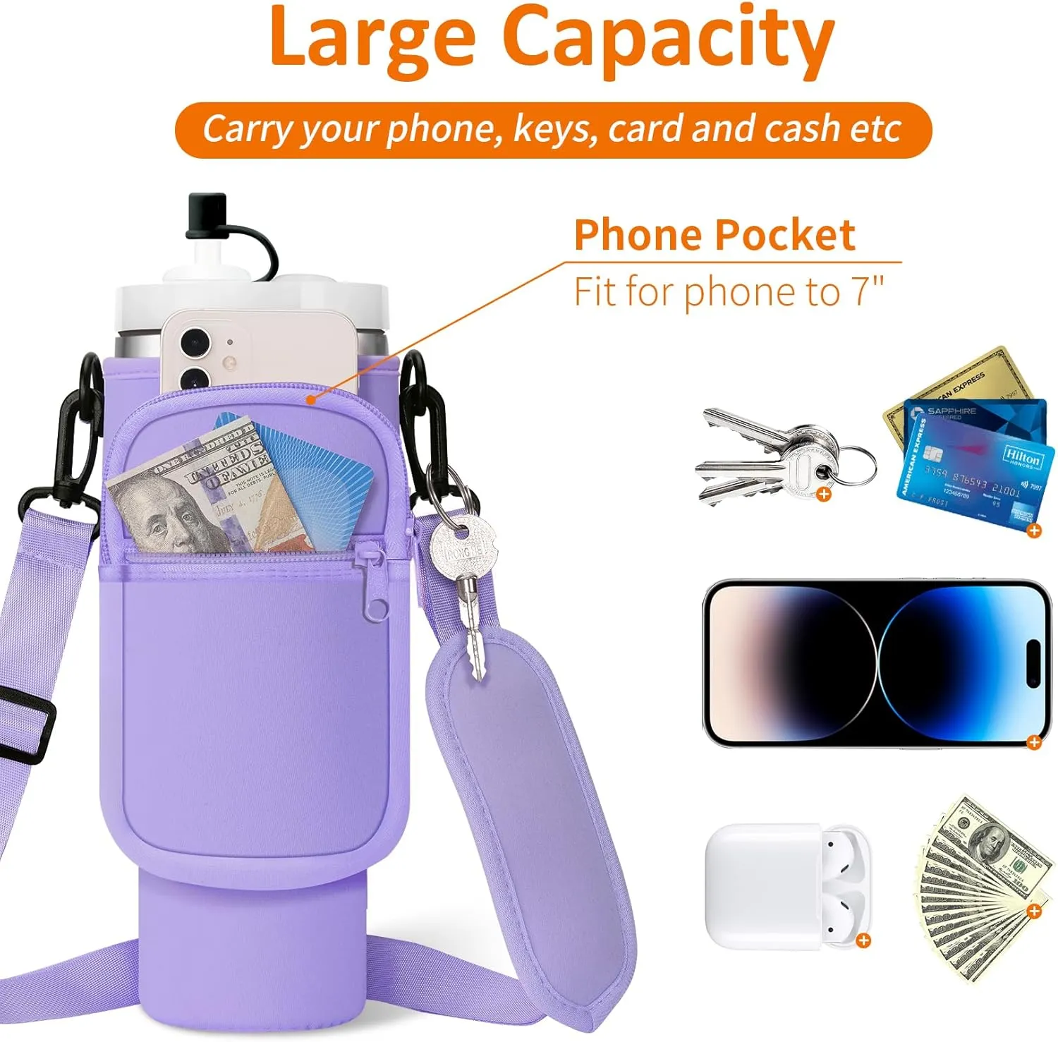 Water Bottle Carrier Bag with Paracord Handle for Stanley 40/30 oz Tumbler Neoprene Insulated Mug Sleeve Pouch with 2 Pockets & Adjustable Strap & Straw Cover for Stanley Cup Accessories