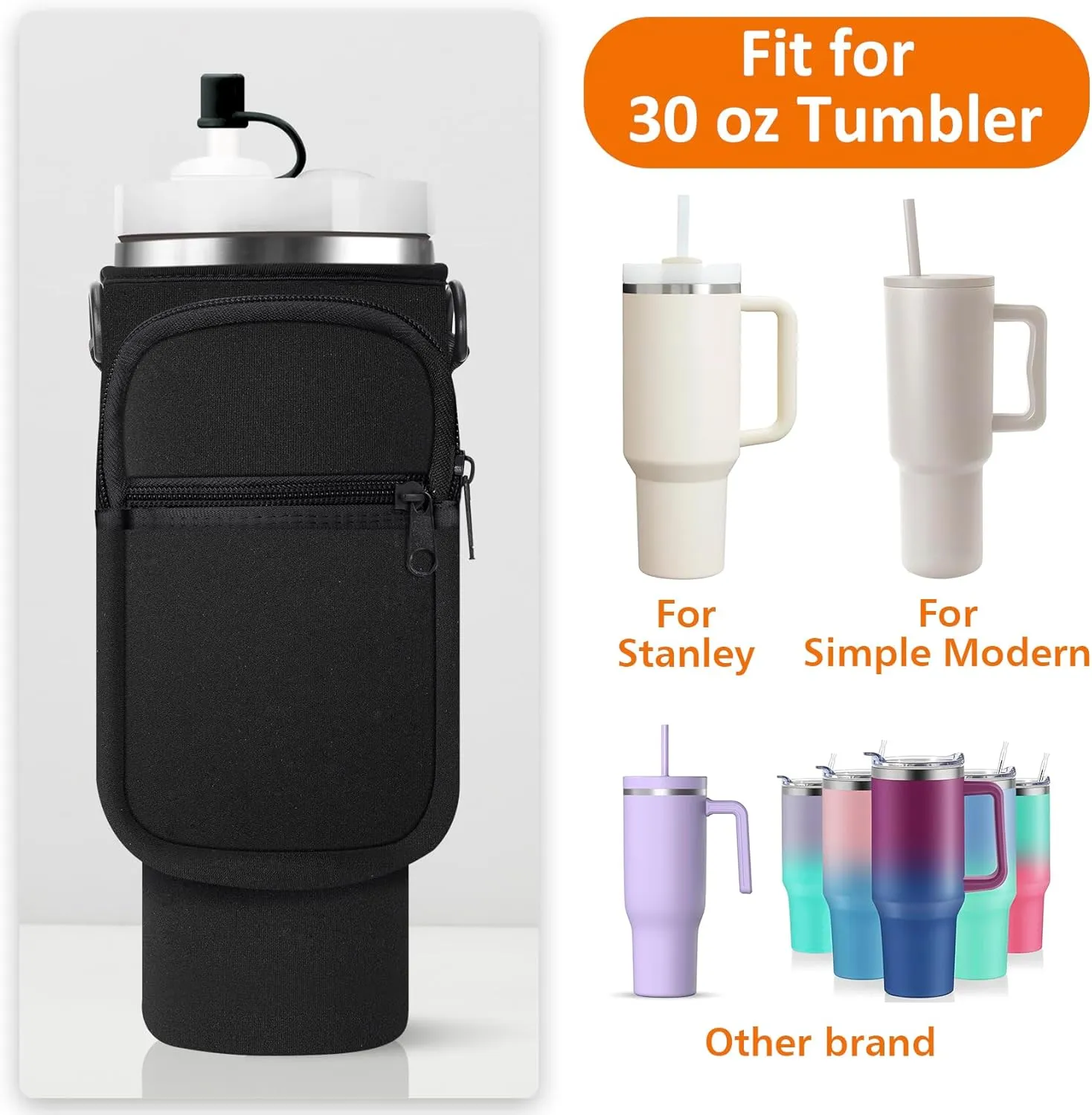 Water Bottle Carrier Bag with Paracord Handle for Stanley 40/30 oz Tumbler Neoprene Insulated Mug Sleeve Pouch with 2 Pockets & Adjustable Strap & Straw Cover for Stanley Cup Accessories