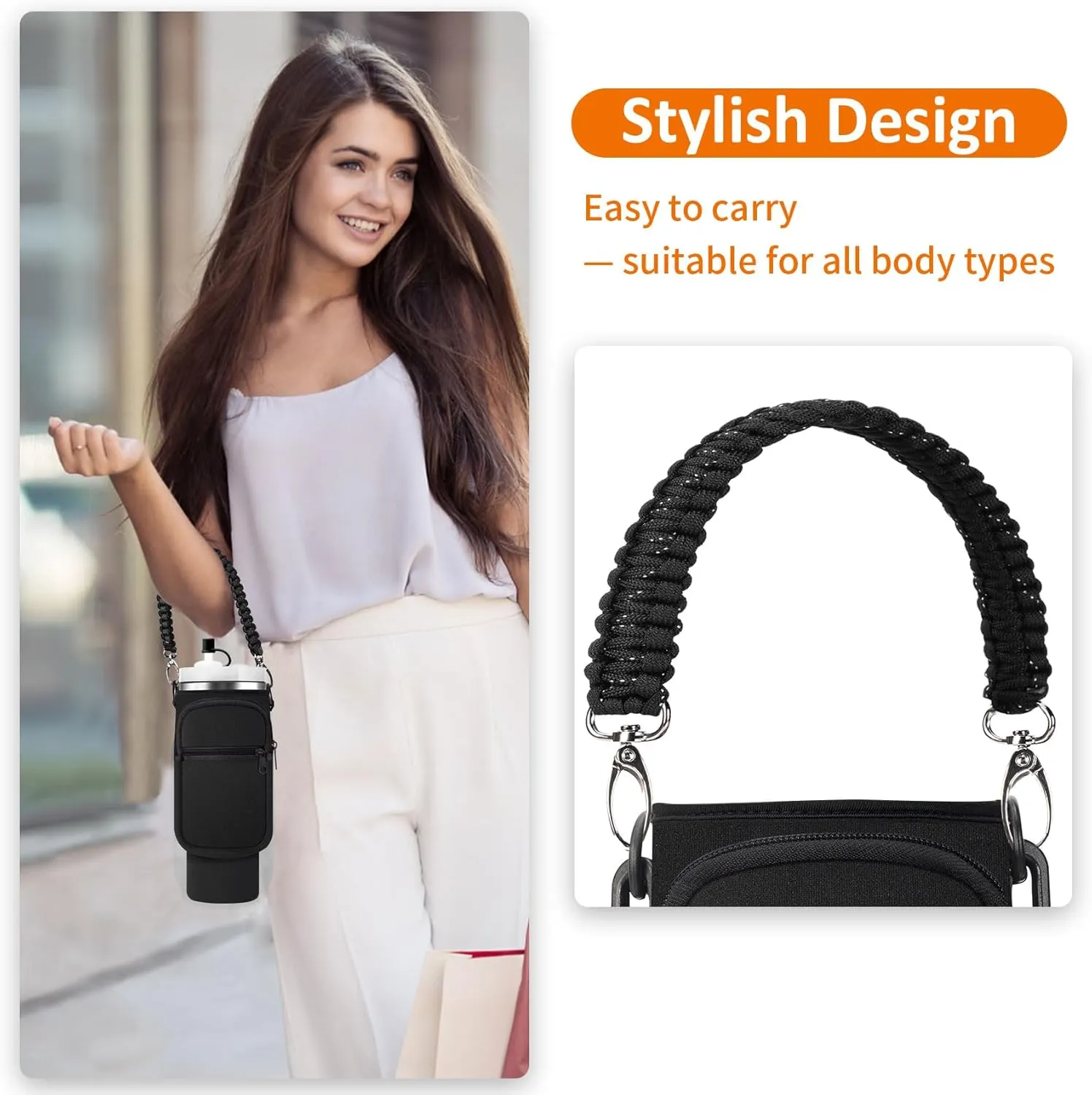 Water Bottle Carrier Bag with Paracord Handle for Stanley 40/30 oz Tumbler Neoprene Insulated Mug Sleeve Pouch with 2 Pockets & Adjustable Strap & Straw Cover for Stanley Cup Accessories