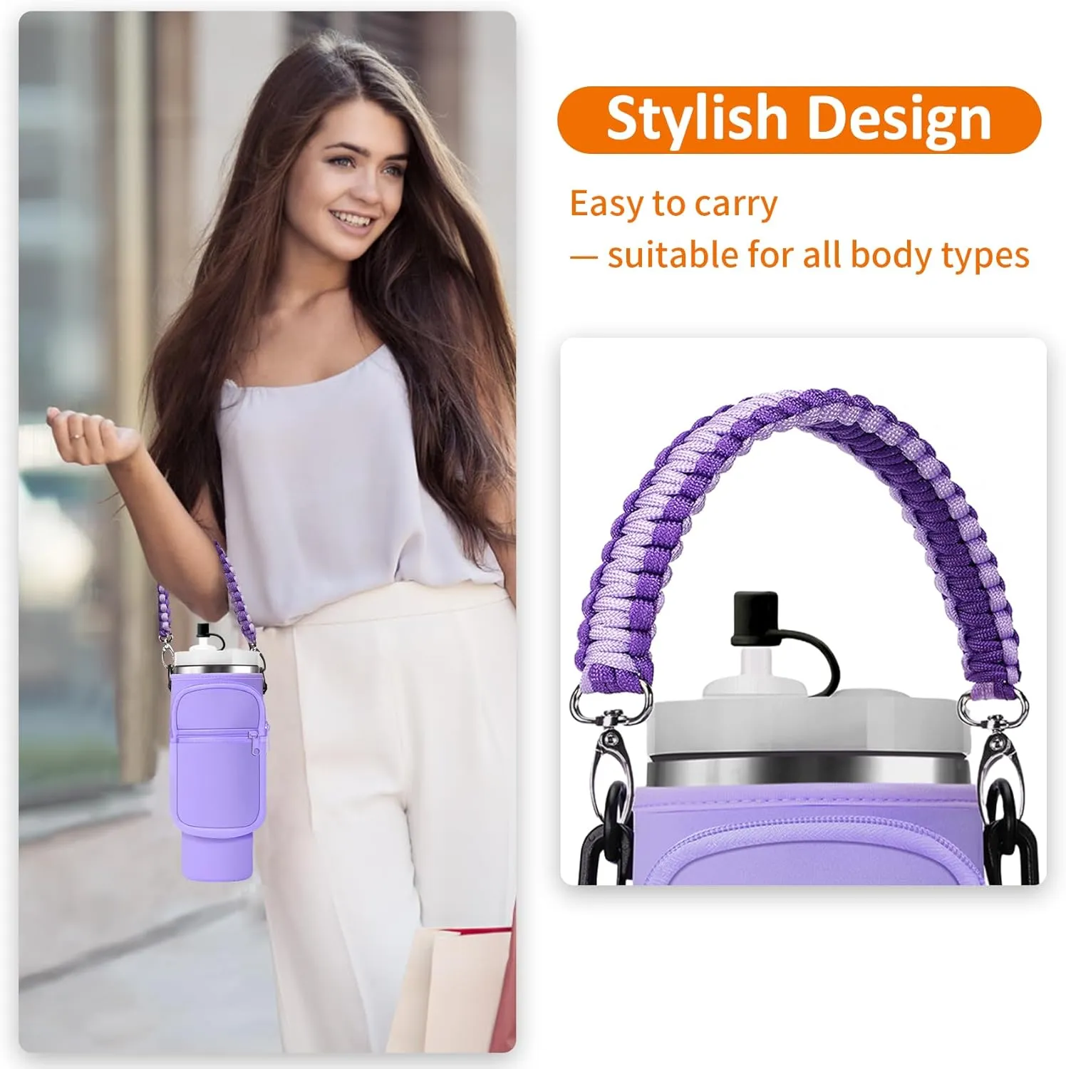Water Bottle Carrier Bag with Paracord Handle for Stanley 40/30 oz Tumbler Neoprene Insulated Mug Sleeve Pouch with 2 Pockets & Adjustable Strap & Straw Cover for Stanley Cup Accessories