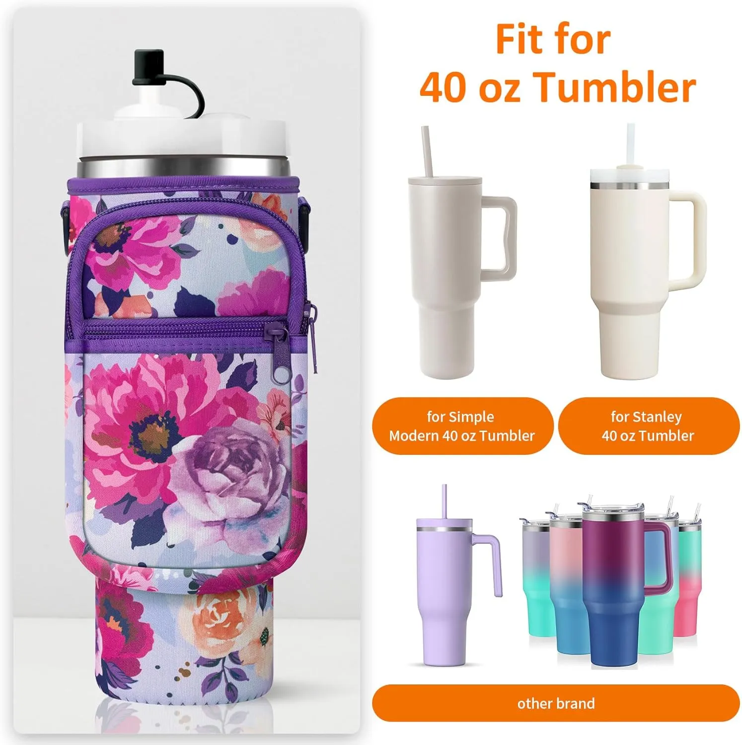 Water Bottle Carrier Bag with Paracord Handle for Stanley 40/30 oz Tumbler Neoprene Insulated Mug Sleeve Pouch with 2 Pockets & Adjustable Strap & Straw Cover for Stanley Cup Accessories